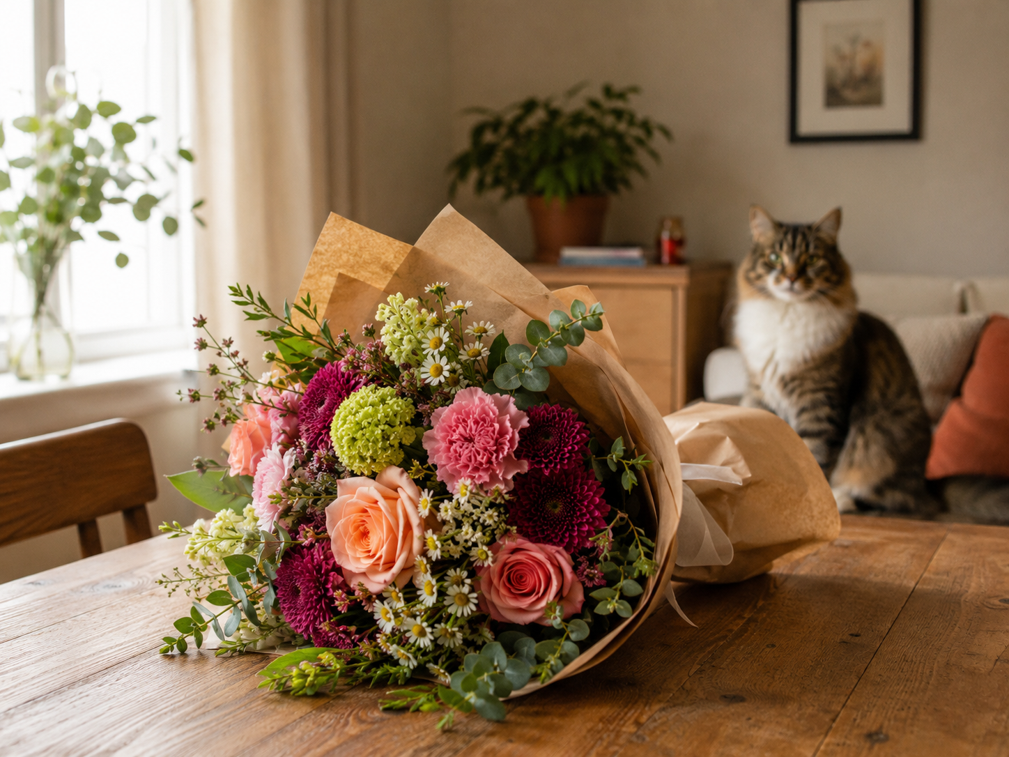 A wrapped flower bouquet on a table with a cat sitting safely in the background